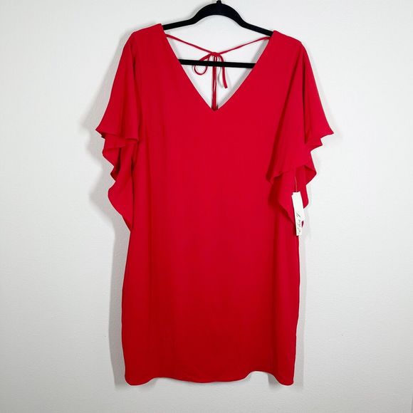 NWT Eliza J Flutter Sleeve Crepe Tie Back Dress Womens 12 Red Dolman Knee Length - Picture 1 of 12